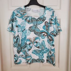 Alfred Dunner Women's multicolor ruffle butterfly Blouse square neck size Large